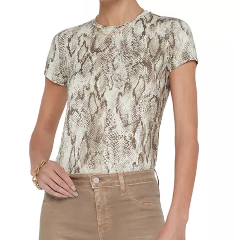 L'AGENCE Cream and Brown Snake Print Short Sleeve Top